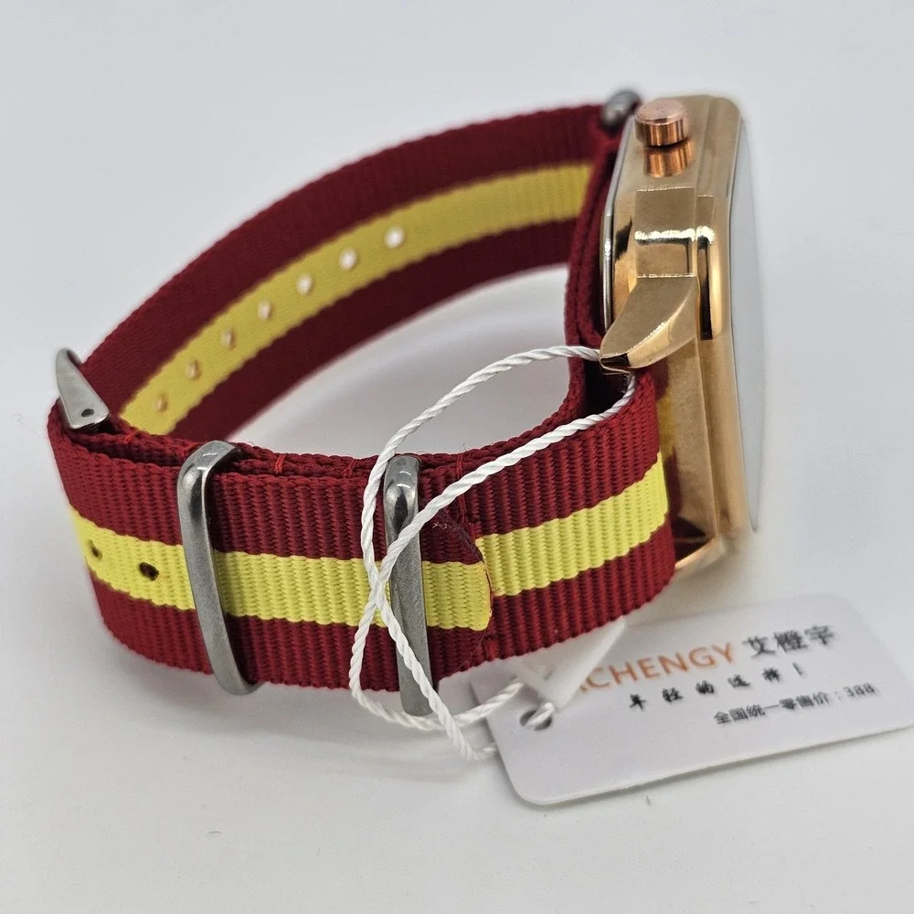 42MM Minimalist Watch Men Black Dial Gold Case‎ Date Red Yellow Canvas Strap